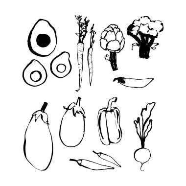 Taze organik sebzeler. Doğal sağlıklı gıda ürünleri. Farklı sebzeler, biber, brokoli, havuç, avokado, patlıcan, turp. Vegan tarım hasadı. Düz vektör çizimleri beyaz arkaplanda izole edildi