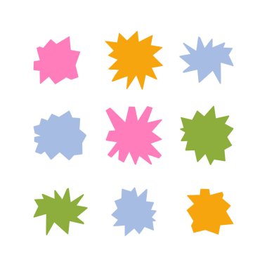 Karalama şeklindeki konuşma baloncukları kuruldu. Beyaz arka planda izole edilmiş yıldız patlaması ve güneş patlaması çizgi filmi. vektör çizimi