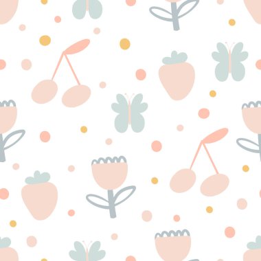 Tatlı karalama pastel renkleri meyve, kiraz, kelebek, kiraz ve nokta desenleri. Şirin çocuk çizimi. Kumaş ve duvar kağıdına iyi gelir. 