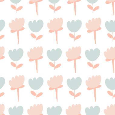 Şeftali rengi ve soluk deniz mavisi çiçekli güzel, dikişsiz çiçek deseni. Çocuklar için çağdaş minimalist moda boho arka plan tasarımı. İskandinav çocuk odası baskısı 