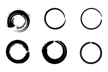 Dairesel pul çerçeveleri ve bir vektör kümesinde elde çizilmiş elementler. Taneli dokuları olan soyut logo simgeleri.