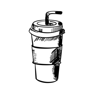 Kağıt kahve fincanı. Aromatik sıcak kahve. Paket kahve. Karalama. Vektör çizimi. El çizimi. Özet.