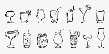 El yapımı kokteyl cam taslakları koleksiyonu: martini, cin, şarap, margarita, konyak, viski, viski, viski, kadeh, içki. İçki menüleri, bar kavramları ve alkol temalı tasarımlar için oymalı vektör sanatı.