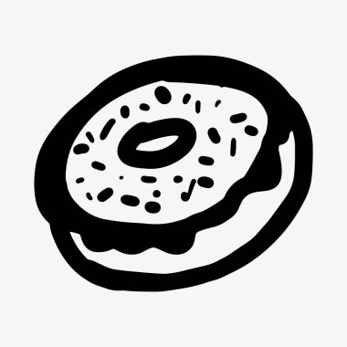 Elle çizilmiş yuvarlak bir çörek, çörek, üzeri de jöleli. Pastane logoları, yemek tasarımı, menüler ve yaratıcı bir dokunuşla markalaşma için mükemmel bir tatlı çizimi..