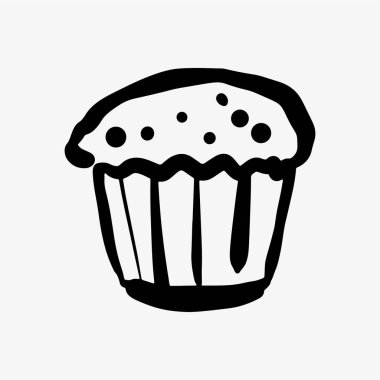 Elle çizilmiş kek ya da kuru üzümlü kek çizimi. Lezzetli bir tatlı illüstrasyonu, fırın markaları, yemek konseptleri, menüler ve eşsiz sanatsal yetenekleri olan tatlı tasarımlar için idealdir..