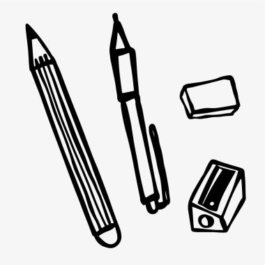 El çizimi bir kalem, kalem, keskinleştirici ve rendeleyici. Basit ama yaratıcı bir çizim, kırtasiye için mükemmel, ofis malzemeleri markalaşma, tasarım projeleri, ve yaratıcı çizim ilhamı.