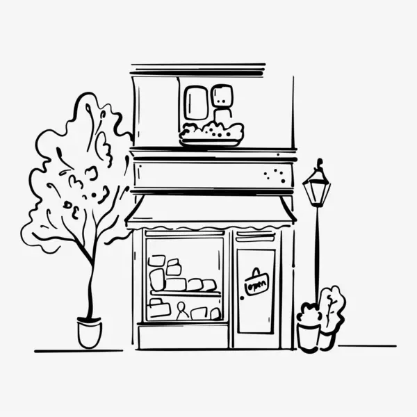 Küçük şirin bir dükkanın el çizimi çizimi. Markalaşma, mağaza tasarımı, logo oluşturma ve perakende, butik veya küçük işletmelerle ilgili projeler için mükemmel bir tasvir..