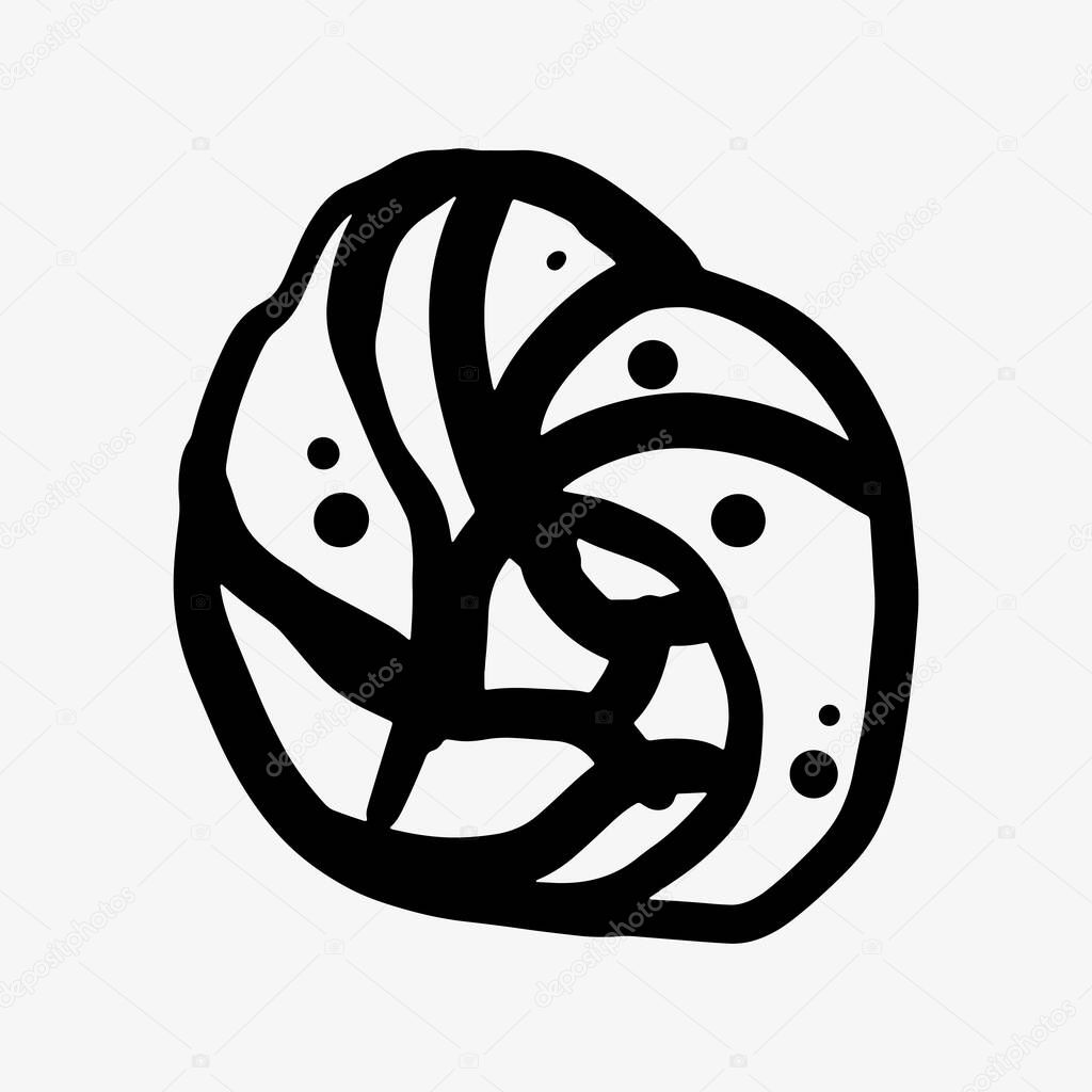 Line art logo of a cinnamon roll and hand-drawn raisin bun doodle. Sweet swirl buns with cinnamon and raisins, ideal for bakery design. Vector illustrations isolated on a white background for branding.