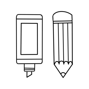 El çizimi kalem ve fosforlu kalem. Vektör çizimi. Okul malzemeleri hazır. Yazma araçlarının basit bir taslağı. Yaratıcı kırtasiye tasarımı.