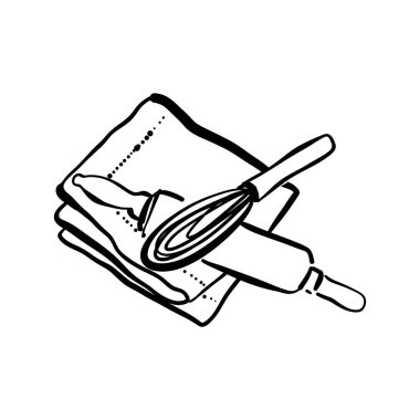 Havluya uzanmış merdane ve çırpıcının el çizimi çizimi. Temiz çizgileri olan basit mutfak aletleri. Vektör biçiminde samimi pişirme sahnesi.