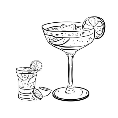 Elle çizilmiş iki kokteylin çizimi: margarita ve shot bardağı. İçkilerin eğlenceli vektör çizimi. Parti ve kutlama teması.
