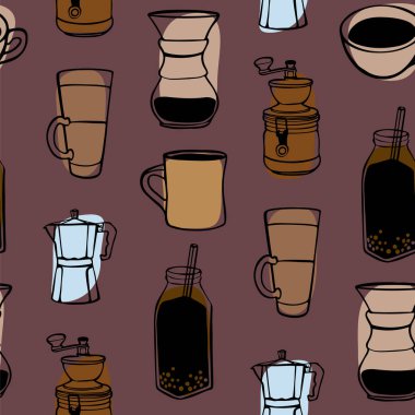Kabarcıklı kahve, latte fincanı, manuel öğütücü, Americano, espresso, kahve filtresi ve kahve çekirdeği arkaplan minimalist tasarımı ile el çizimi dikişsiz desen.