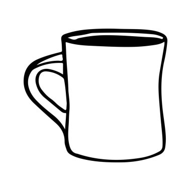 Kahve dolu basit bir kahve fincanının el çizimi doğrusal karalaması. Minimalist tasvirler kafe menüleri, sabah kahve temaları ve siyah beyaz içecek grafikleri için mükemmeldir..