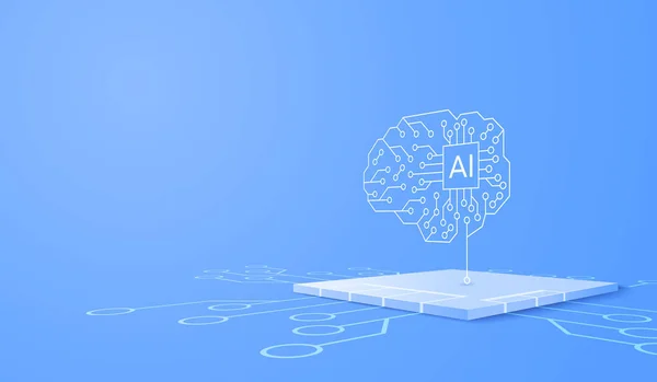 回路電気的背景を持つ3D人工知能 デジタル未来型ビッグデータ可視化と人間の脳機械学習 ベクターバナーアートイラスト — ストックベクタ