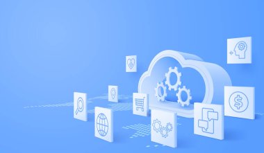3D Cloud bilgisayar servisi yönetimi. Dijital teknoloji geçmişi. Vektör sanatı illüstrasyonu