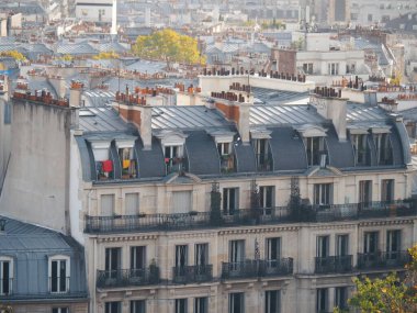 Şehirdeki yoğun çatı kümelerinin havadan görünüşü çeşitli mimari stil ve materyalleri sergiliyor..