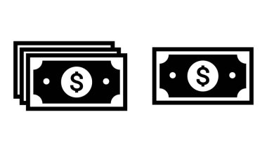 Cash Doller ikonu seti. banknot kağıt para vektör sembolü dolar işareti siyah dolgulu stil.