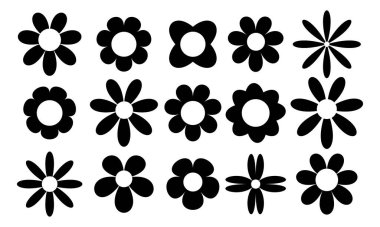 Çiçek simgeleri vektör seti, siyah siluet çiçek unsurları koleksiyonu. Çiçek bitkisi, çiçek simgeleri, soyut çiçek simgeleri, basit çiçek ikonu çizimi.