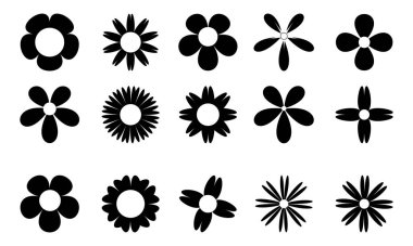 Çiçek simgeleri vektör seti, siyah siluet çiçek unsurları koleksiyonu. Çiçek bitkisi, çiçek simgeleri, soyut çiçek simgeleri, basit çiçek ikonu çizimi.