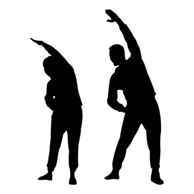 Genç çift bir tarafta yoga yaparak esneme hareketleri yapıyor. Çift esneme egzersizi yapıyor. Düz vektör illüstrasyonu