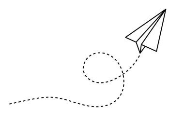 Noktalı çizgi seyahat ve çizgi şeklinde rota sembolü olan kağıt düzlem, Origami kağıt uçak, siyah doğrusal kağıt uçak simgesi.