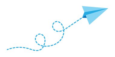 Noktalı çizgi seyahat ve çizgi şeklinde rota sembolü olan kağıt düzlem, Origami kağıt uçak, siyah doğrusal kağıt uçak simgesi.