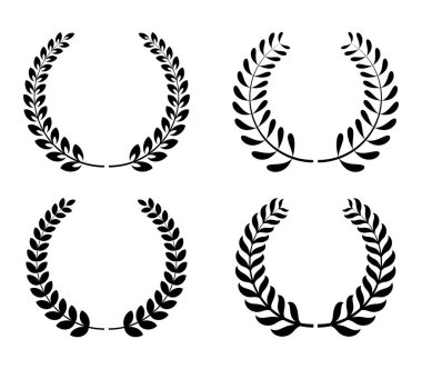 Siyah siluet dairesel kazanan defne yapraklı vektör, Emblem çiçekli Yunan dalı düz stili. Buğday ve meşe çelenkleri, beyaz arka planda bir ödül, başarı, habercilik, asalet tasvir ediyor.. 