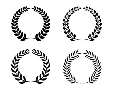 Siyah siluet dairesel kazanan defne yapraklı vektör, Emblem çiçekli Yunan dalı düz stili. Buğday ve meşe çelenkleri, beyaz arka planda bir ödül, başarı, habercilik, asalet tasvir ediyor.. 