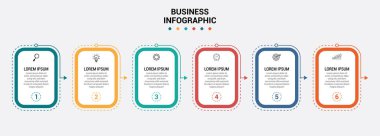 Vector Infographic tasarım iş şablonu simgeleri ve 6 seçenek veya adımla. UI tasarımı için işlem şeması, sunumlar, iş akışı düzeni, afiş, akış şeması için kullanılabilir,