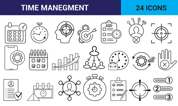 24 tarihli zaman yönetimi ana simgesi seti ince çizgi, Zaman yönetimi sancak web sitesi simgesi ikon vektör illüstrasyon kavramını içerir