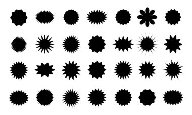 Siyah fiyat etiketi, indirim ya da indirim etiketi, güneş patlaması rozeti simgesi. Özel fiyat etiketi. Kırmızı Yıldız patlaması tanıtım rozeti ayarlandı, alışveriş etiketleri farklı sayıda ışınla şekillendi.