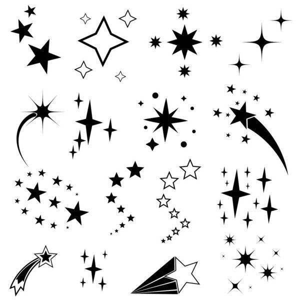black sparkles star symbols vector. The set of original vector stars sparkle icon. Bright firework, decoration twinkle, shiny flash. Glowing light effect stars
