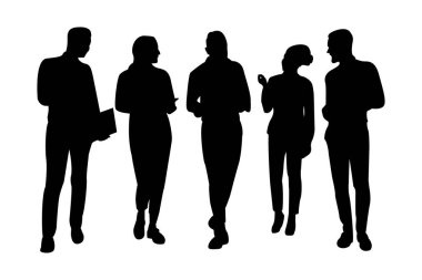 Bir grup vektör iş adamı, beyaz arka planda daimi toplantı grubu ve çalışan takım elbiseli ofis kadını silüetleri..