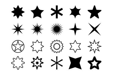 Yıldız koleksiyonu. Yıldız vektör simgeleri. Beyaz arka planda izole edilmiş siyah parıldayan yıldızlar. Yıldız ikonu. Modern düz stil yıldızlar. vektör illüstrasyonu,