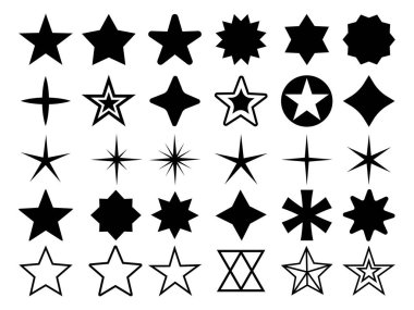 Yıldız koleksiyonu. Yıldız vektör simgeleri. Beyaz arka planda izole edilmiş siyah parıldayan yıldızlar. Yıldız ikonu. Modern düz stil yıldızlar. vektör illüstrasyonu,
