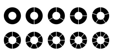 10 parçadan oluşan bölünmüş daire seti. Pasta grafiği vektör simgeleri. Siyah yuvarlak diyagram. Bölünmüş çember. Siyah renk. Boş çember on parçaya bölündü