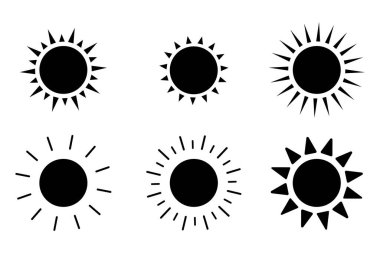 Güneş ikonu seti, güneş sembolü vektörü, siyah güneş yıldız simgeleri koleksiyonu. Yaz, güneş ışığı, doğa, gökyüzü gün batımı