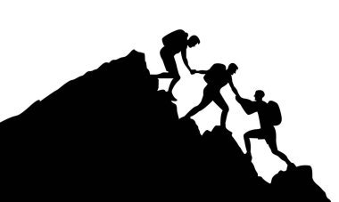 Dağlara tırmanan ve birbirine dağın zirvesinde yardım eden dört kişinin silueti, el ve yardım konsepti vektörü