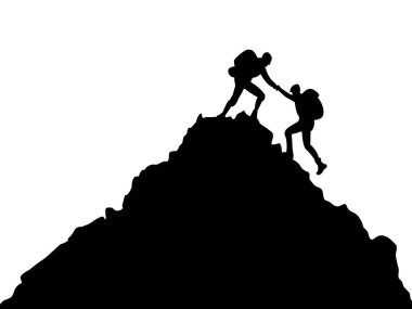 Dağlara tırmanan ve birbirine dağın zirvesinde yardım eden iki insanın silueti, el ve yardım kavramı vektörü