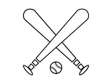 İki çapraz beyzbol sopası ve düz çizgili bir taslak. Beyaz arka planda, Monokrom ikon spor aracı. Vektör illüstrasyonu,