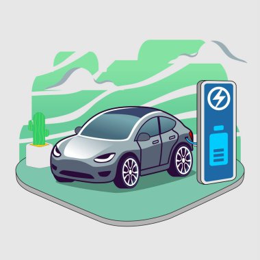 Şarj istasyonu olan elektrikli araba, yeşil enerji, eko enerji