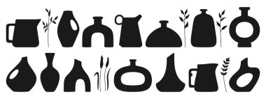 Vazo şekli ve seramik kap, sürahi ya da kavanoz şişesi silueti. Konforlu ev dekorasyonu el yapımı boho çanak çömlek ve dal yaprakları. Antika vazolar, el yapımı vazolar. Moda sanat konsepti vektörü