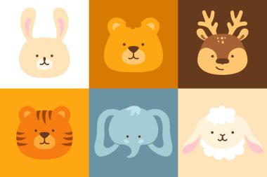 Sevimli vahşi hayvanlar, duygusal karikatür bebek setiyle karşı karşıya. Çocuksu safari başı portreleri karakter aslan, kaplan fil, geyik, koyun ve tavşan. Komik orman çocuğu vahşi yaşam koleksiyonu, şablon çıkartması