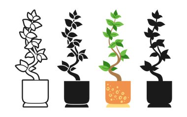 Çiçek saksısı çizgi film ikonu setindeki ev bitkisi. Yaprak saksısı seramik karalama, çizgi ikonu ya da siluet tarzı koleksiyon. Modern boho ev bitkisi marihuana iç doğal dekor pul vektörü