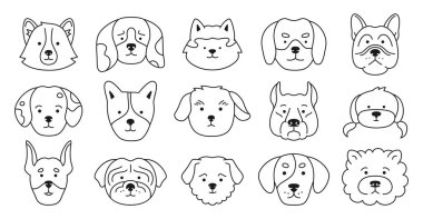 Köpek duygu karalamalarıyla yüzleşiyor. Karakter seti. Şirin köpek yavrusu Kawaii baş ağızlık doğrusal ikonu. Gülümseyen komik çocuksu köpek yavrusu çizimi. Çocuk kartı için çizgi roman şablonu, poster kapağı