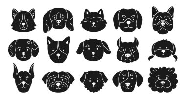 Köpek duygusal karakter damgası setiyle karşı karşıya. Şirin köpek yavrusu Kawaii baş ağızlık izi ikonu. Gülen komik çocuksu köpek yavrusu fok balığı. Çocuk baskı şablonu için çizim şablonu, kapak