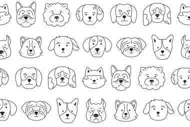 Köpeğin yüzü pürüzsüz bir şekilde karalanmış. Gülen komik çocuksu köpek evcil hayvanı, bebek çizgi romanın sonu gelmez süsü. Şirin köpek yavrusu kawaii karikatür baş ağızlık tekrar ambalajı. Çocuk tasarımı için duvar kağıdı şablonu