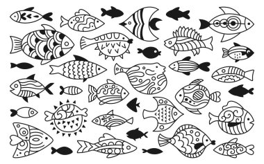 Fish with abstract tropical ornaments doodle set. Linear modern trendy exotic aquarium animals, cartoon nautical illustration. Various contour ornamental freshwater, sea fishes decor vector element