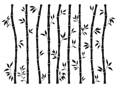 Bamboo stem and leaf silhouette borders set. Exotic decoration elements natural plant in engraving ink style. Hand drawing painted Asian traditional tree leaves, sticks bamboo ornament collection