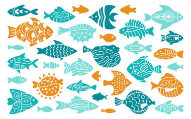 Fish abstract tropical ornamental stamp set. Brand modern trendy exotic aquarium animal printing, doodle cartoon nautical print seal. Simple art ornament freshwater, sea fishes colorful vector element
